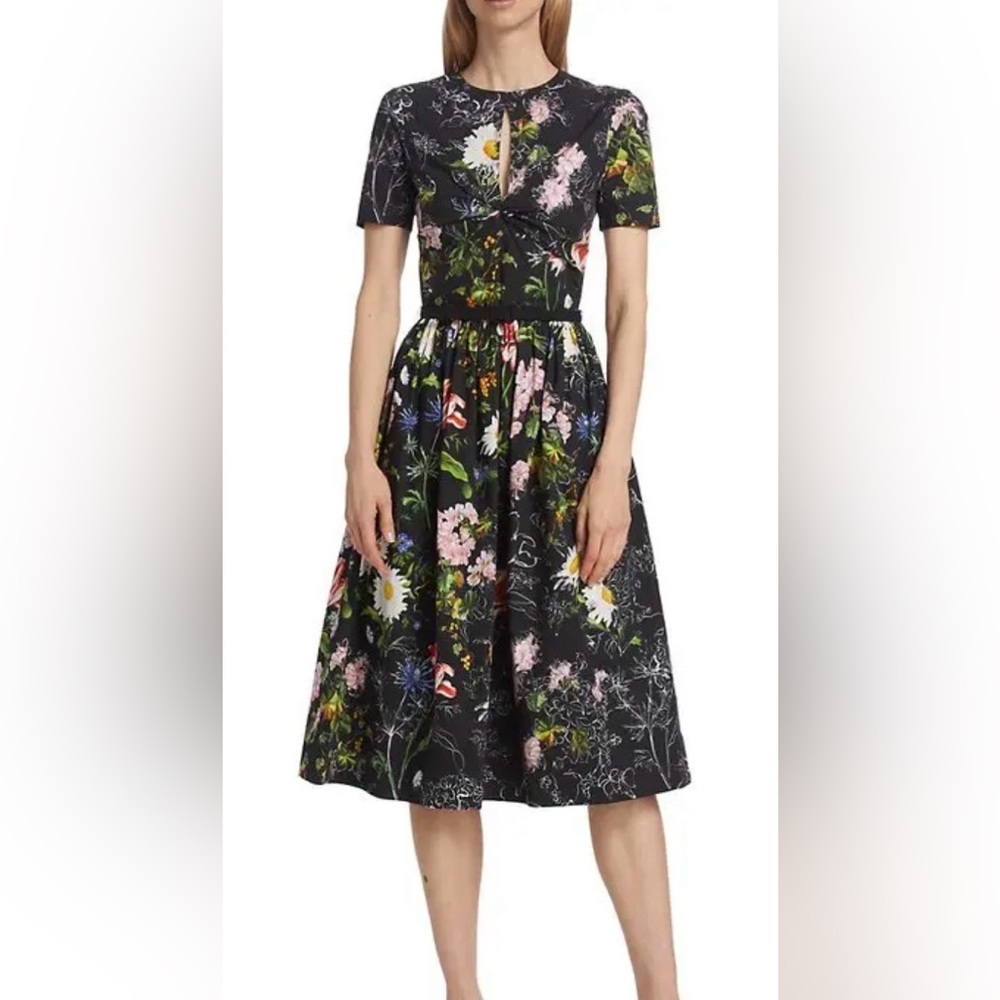 Oscar de la Renta Sz 8 Floral Cotton Poplin Midi Dress New No Belt